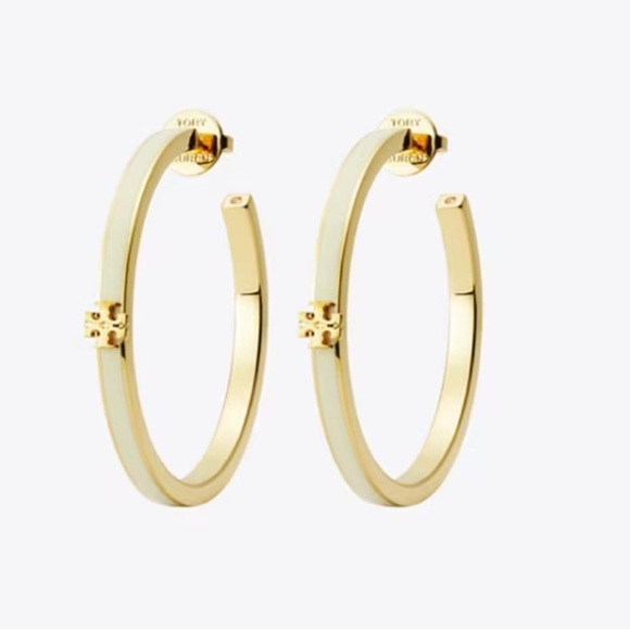 NWT! 🔥🔥Tory Burch Ivory Enamel Hoop Earrings - Picture 2 of 8